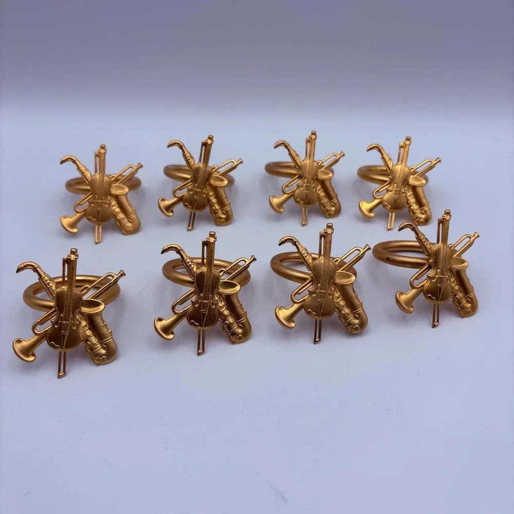 Instrument Napkin Rings Set Of Eight Saxophone Violin Trumpet Gold To